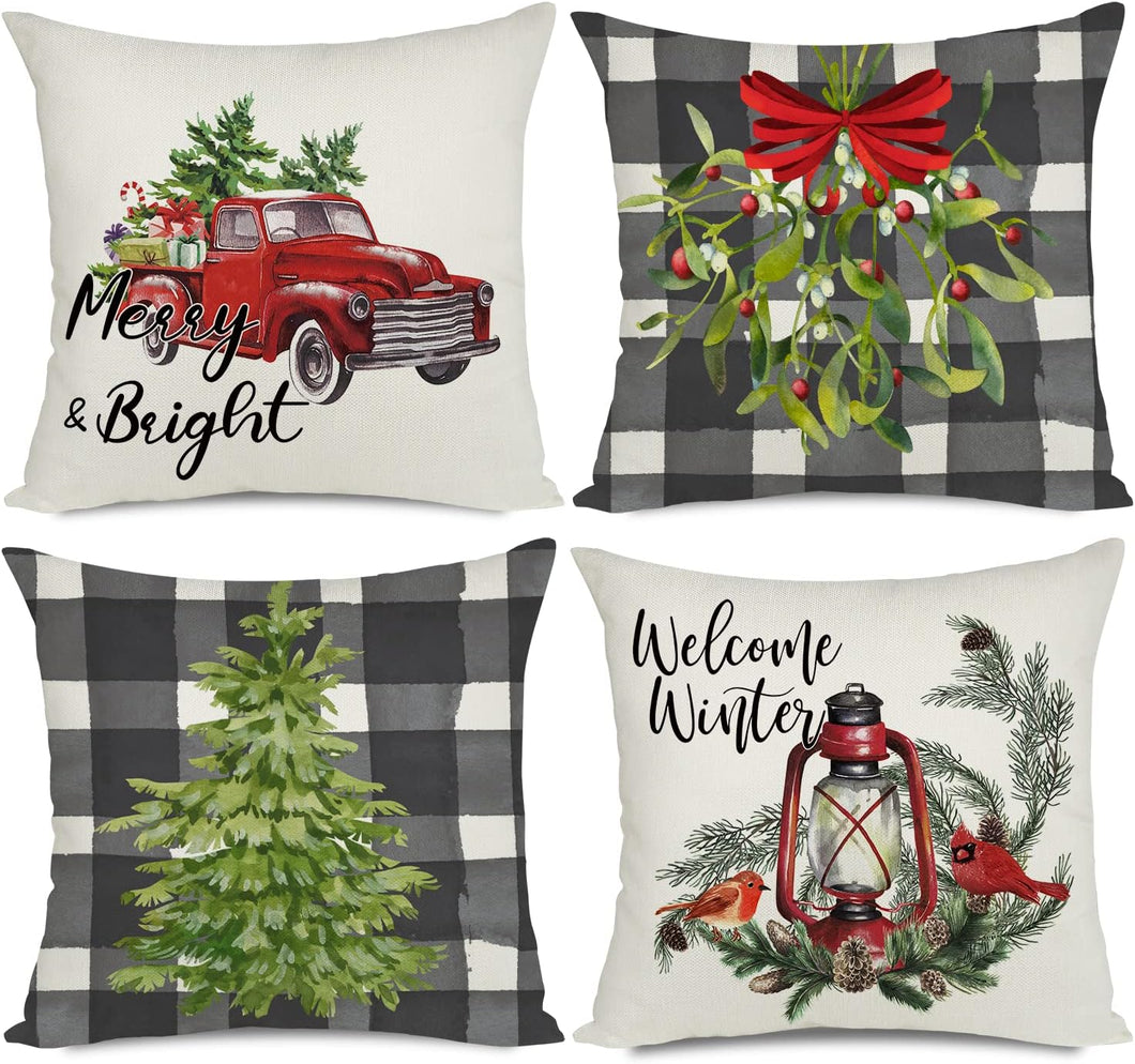 Artmag Juego de 4 fundas de almohada de Navidad de 22 x 22 pulgadas, fundas decorativas de bienvenida de invierno con diseño de búfalo brillante para sofá, entrenador A19