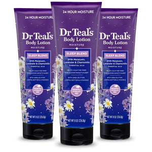 Dr Teal's Loción corporal para dormir, humedad 24 horas, con aceites esenciales de melatonina, lavanda y manzanilla, 8 onzas líquidas (paquete de 3) (el embalaje puede variar) a23