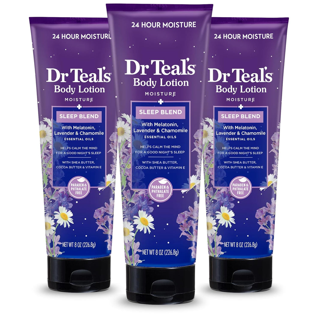 Dr Teal's Loción corporal para dormir, humedad 24 horas, con aceites esenciales de melatonina, lavanda y manzanilla, 8 onzas líquidas (paquete de 3) (el embalaje puede variar) a23