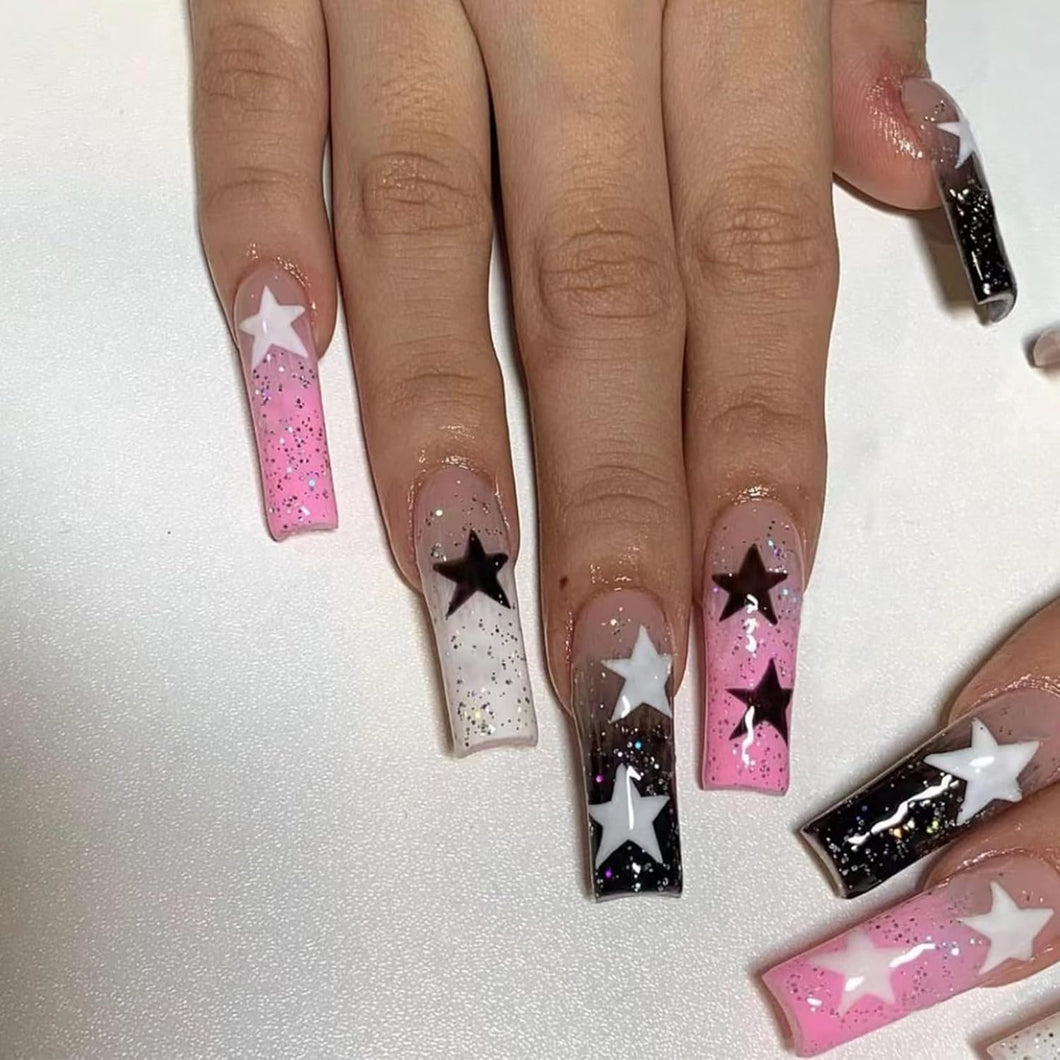 Uñas postizas largas cuadradas MABKJLF con punta francesa, uñas postizas degradadas de cobertura completa con diseños de estrellas, uñas postizas Y2K, uñas acrílicas brillantes con purpurina,a22  uñas