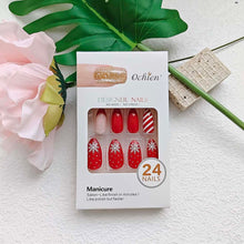 Cargar imagen en el visor de la galería, Uñas postizas a presión de almendra, punta francesa, uñas postizas de Navidad con pegamento, uñas postizas acrílicas con diseños de diamantes de imitación, color rojo y rosa,a22  uñas artificiales
