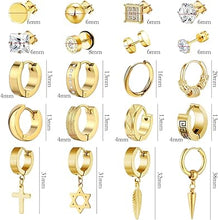 Cargar imagen en el visor de la galería, 20 pares de aretes de acero inoxidable para hombre, hipoalergénicos, aretes de cruz, aretes punk, aretes de aro con bisagras para mujeres y hombres a24
