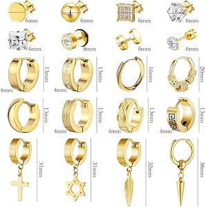 20 pares de aretes de acero inoxidable para hombre, hipoalergénicos, aretes de cruz, aretes punk, aretes de aro con bisagras para mujeres y hombres a24