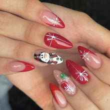 Cargar imagen en el visor de la galería, Uñas postizas a presión de Navidad, uñas postizas medianas de almendra, uñas postizas de punta francesa roja con diseño de copo de nieve, A22  pegamento con purpurina, uñas acrílicas artificiales, muñeco

