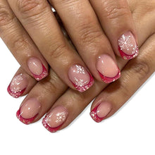 Cargar imagen en el visor de la galería, Uñas postizas a presión de Navidad, cuadradas cortas, francesas, rojas, con bonitos diseños de copos de nieve, uñas con pegamento, uñas de Navidad, cobertura completa,a22  uñas postizas
