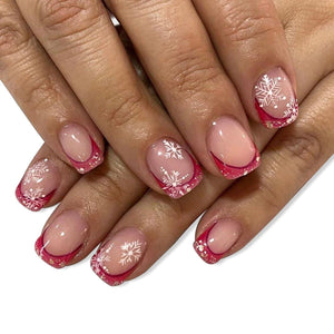Uñas postizas a presión de Navidad, cuadradas cortas, francesas, rojas, con bonitos diseños de copos de nieve, uñas con pegamento, uñas de Navidad, cobertura completa,a22  uñas postizas