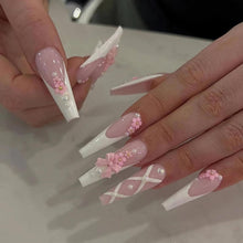 Cargar imagen en el visor de la galería, BABALAL Uñas postizas largas a presión con forma de ataúd, uñas postizas blancas con punta francesa 3D, diseño de lazo de flores, 24 unidades, a22 coqueta, bailarina, uñas postizas
