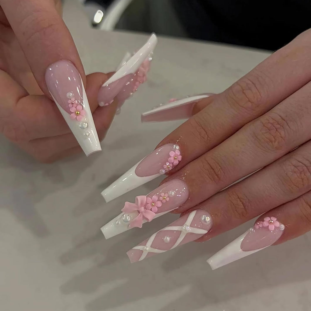 BABALAL Uñas postizas largas a presión con forma de ataúd, uñas postizas blancas con punta francesa 3D, diseño de lazo de flores, 24 unidades, a22 coqueta, bailarina, uñas postizas