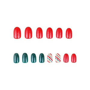 Uñas postizas de Navidad a presión con purpurina, uñas postizas cortas con diseño de almendra roja y verde, uñas acrílicas brillantes, cobertura completa A22 , rayas, uñas adhesivas para mujeres y niñas,