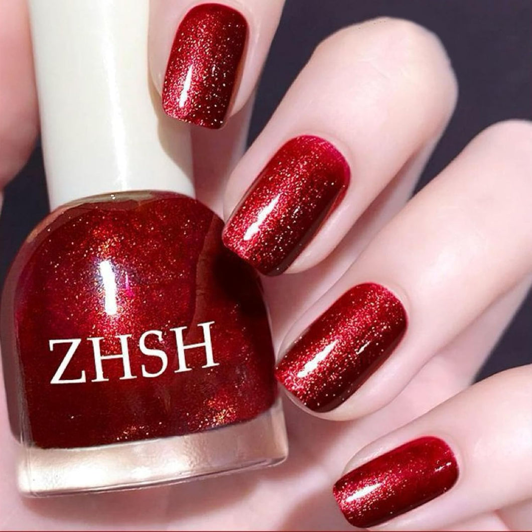 Esmalte de uñas rojo con purpurina, esmalte de uñas rojo burdeos oscuro, a22 esmalte de uñas natural de secado rápido de alto brillo y larga duración,