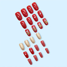 Cargar imagen en el visor de la galería, BUñas postizas a presión de Navidad, uñas postizas medianas de almendra, uñas postizas acrílicas con lazo dorado 3D y diseños de purpurina, uñas artificiales brillantes de cobertura completa,A22  ovaladas,
