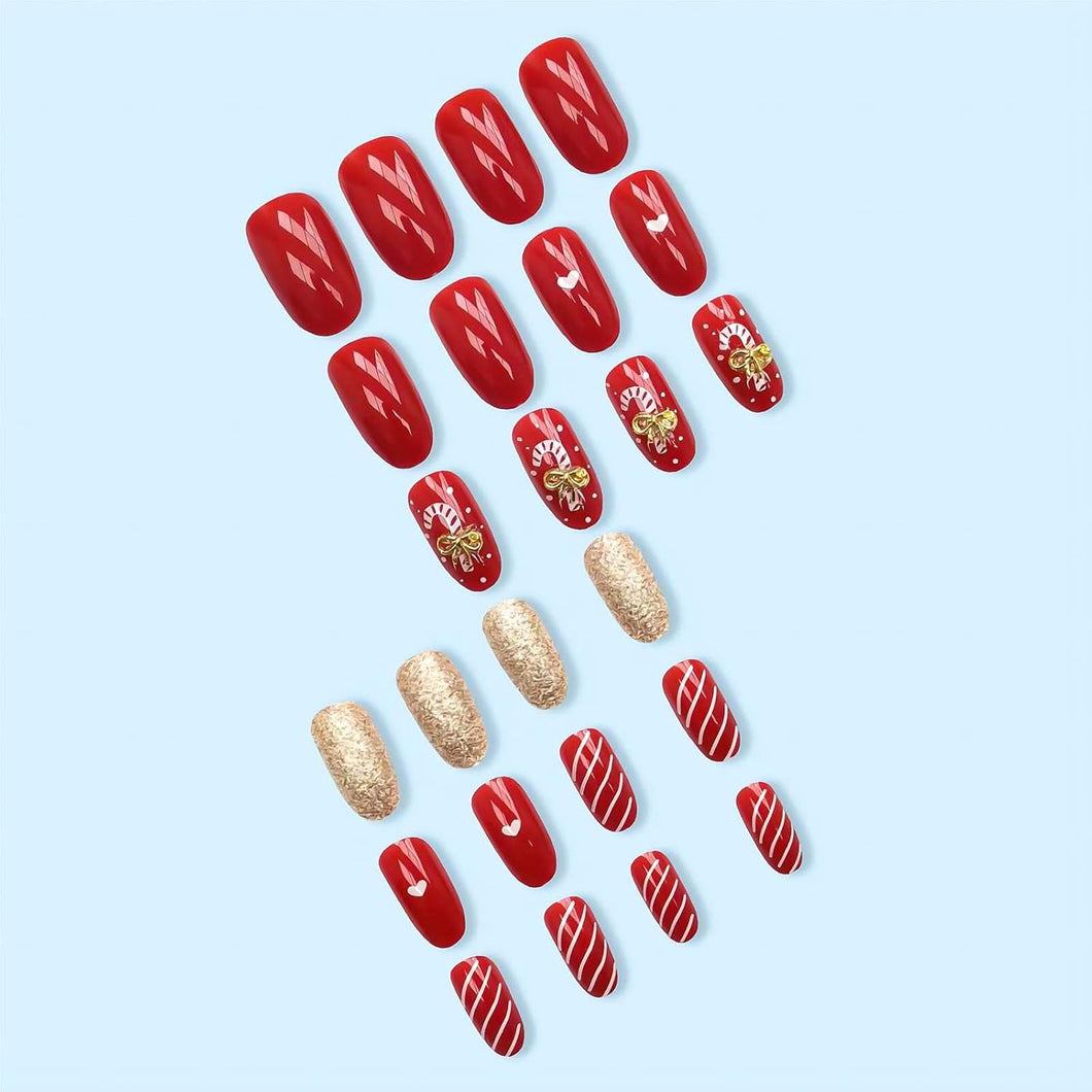 BUñas postizas a presión de Navidad, uñas postizas medianas de almendra, uñas postizas acrílicas con lazo dorado 3D y diseños de purpurina, uñas artificiales brillantes de cobertura completa,A22  ovaladas,