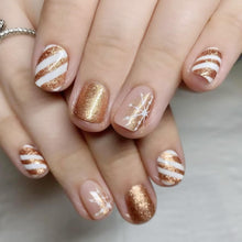 Cargar imagen en el visor de la galería, 24 uñas postizas cortas de Navidad, uñas postizas cuadradas de cobertura completa, purpurina dorada y copo de nieve, uñas postizas de Navidad, uñas postizas acrílicas de invierno a22  para mujeres y niñas

