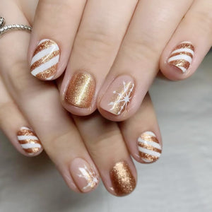 24 uñas postizas cortas de Navidad, uñas postizas cuadradas de cobertura completa, purpurina dorada y copo de nieve, uñas postizas de Navidad, uñas postizas acrílicas de invierno a22  para mujeres y niñas