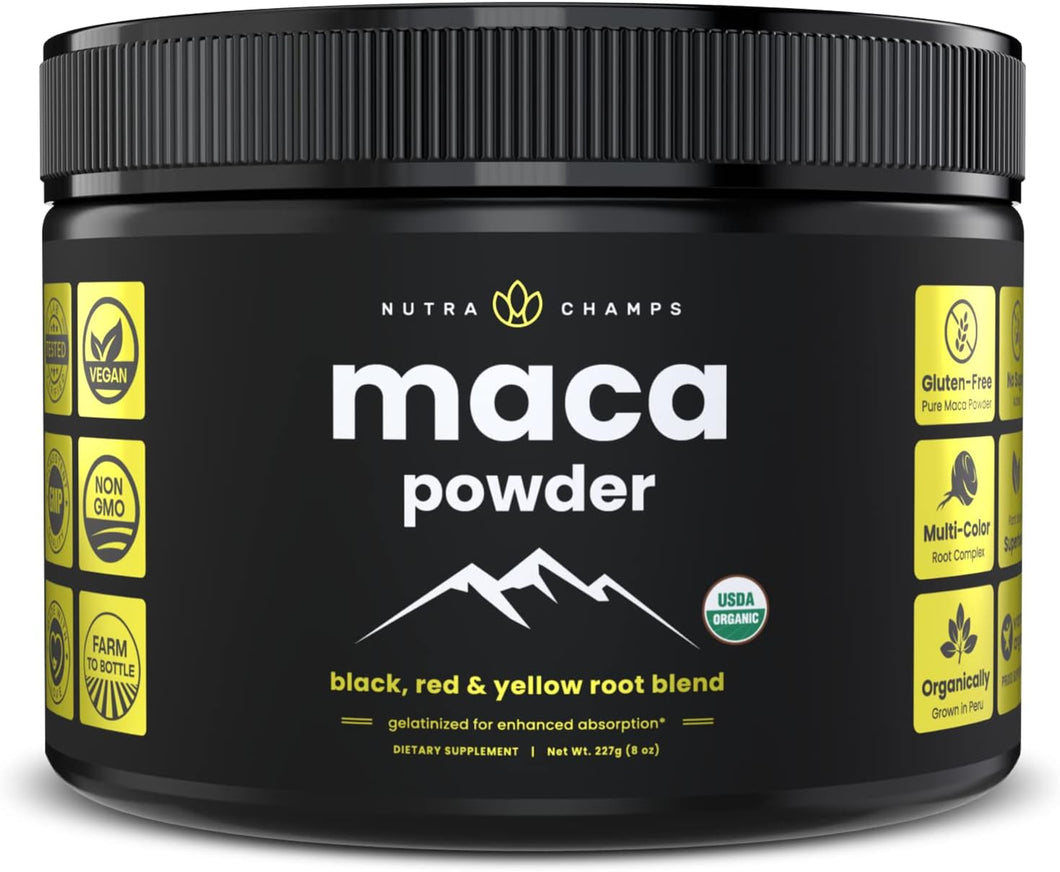Polvo de maca orgánica con raíces amarillas, negras y rojas 8oz