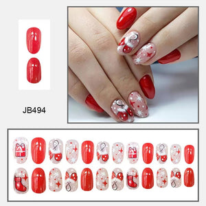 Uñas postizas a presión de Navidad, uñas postizas medianas con nudo rojo, uñas postizas brillantes con diseño de regalo, uñas adhesivas nude, uñas adhesivas para mujeres, A22  decoración de uñas de Navidad