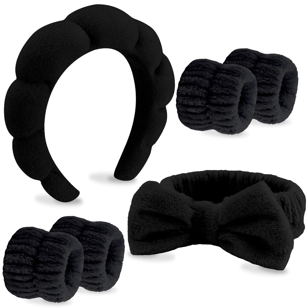 VELSCRUN Juego de 6 diademas de spa, bandas de pelo de esponja negra con pajarita para maquillaje A19