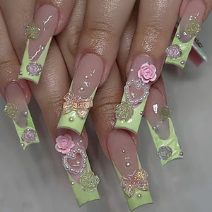 Uñas postizas francesas verdes, uñas postizas largas con diseño de camelia y pajarita, uñas acrílicas artificiales, uñas cuadradas, cobertura completa, reutilizables, a22 uñas de ataúd, uñas con pegamento