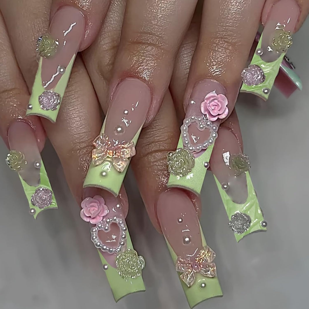 Uñas postizas francesas verdes, uñas postizas largas con diseño de camelia y pajarita, uñas acrílicas artificiales, uñas cuadradas, cobertura completa, reutilizables, a22 uñas de ataúd, uñas con pegamento