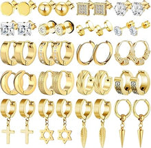 Cargar imagen en el visor de la galería, 20 pares de aretes de acero inoxidable para hombre, hipoalergénicos, aretes de cruz, aretes punk, aretes de aro con bisagras para mujeres y hombres a24
