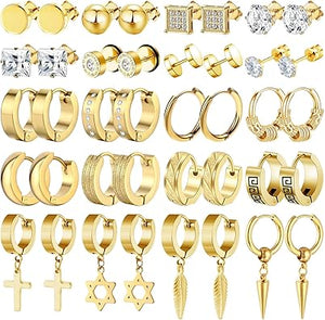 20 pares de aretes de acero inoxidable para hombre, hipoalergénicos, aretes de cruz, aretes punk, aretes de aro con bisagras para mujeres y hombres a24