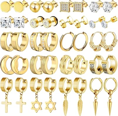 20 pares de aretes de acero inoxidable para hombre, hipoalergénicos, aretes de cruz, aretes punk, aretes de aro con bisagras para mujeres y hombres a24