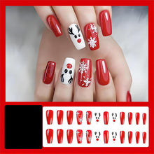 Cargar imagen en el visor de la galería, Uñas postizas a presión de Navidad, uñas postizas medianas de ataúd, uñas postizas acrílicas con diseños de copos de nieve de alce, uñas artificiales con purpurina en polvo a22 , uñas postizas a presión
