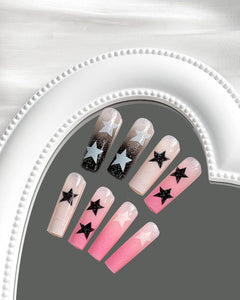 Uñas postizas largas cuadradas MABKJLF con punta francesa, uñas postizas degradadas de cobertura completa con diseños de estrellas, uñas postizas Y2K, uñas acrílicas brillantes con purpurina,a22  uñas