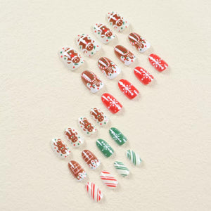 Uñas postizas a presión de Navidad, uñas postizas medianas de almendra, de hombre de jengibre, con diseño de rayas, con pegamento de copo de nieve, A22  uñas acrílicas artificiales rojas y verdes