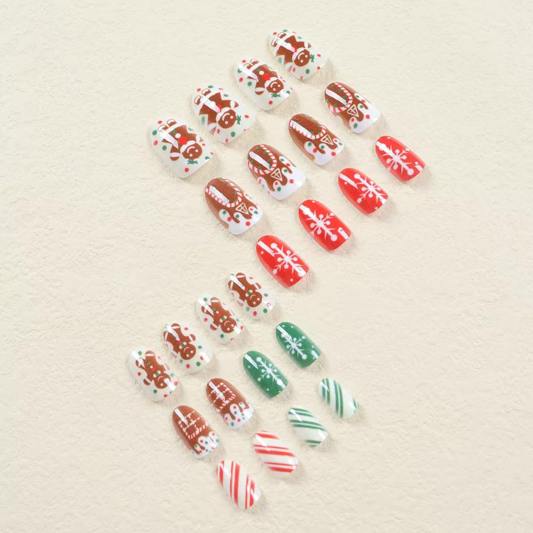 Uñas postizas a presión de Navidad, uñas postizas medianas de almendra, de hombre de jengibre, con diseño de rayas, con pegamento de copo de nieve, A22  uñas acrílicas artificiales rojas y verdes