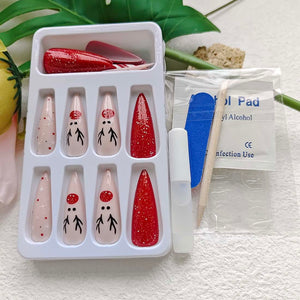 Uñas postizas a presión de Navidad, uñas postizas largas de almendra, uñas postizas acrílicas con diseños de cuadros de alce con purpurina en polvo,a22  uñas artificiales
