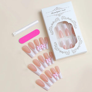 BABALAL Uñas postizas largas cuadradas a presión, uñas postizas blancas con punta francesa, uñas con pegamento en 3D, uñas acrílicas con dije de arco 3D, 24 unidades a22 , uñas postizas cuadradas