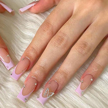 Cargar imagen en el visor de la galería, Uñas postizas largas cuadradas con punta francesa MABKJLF rosa, uñas postizas de cobertura completa con diseños de diamantes de imitación de mariposa,a22  uñas adhesivas brillantes, uñas artificiales
