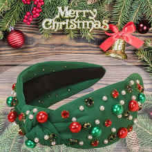 Cargar imagen en el visor de la galería, Diadema de Navidad para mujer, diadema anudada con perlas, diadema de Navidad con diamantes de imitación de cristal de perlas rojas y verdes, diadema elegante para mujer, diadema con nudo superior A19
