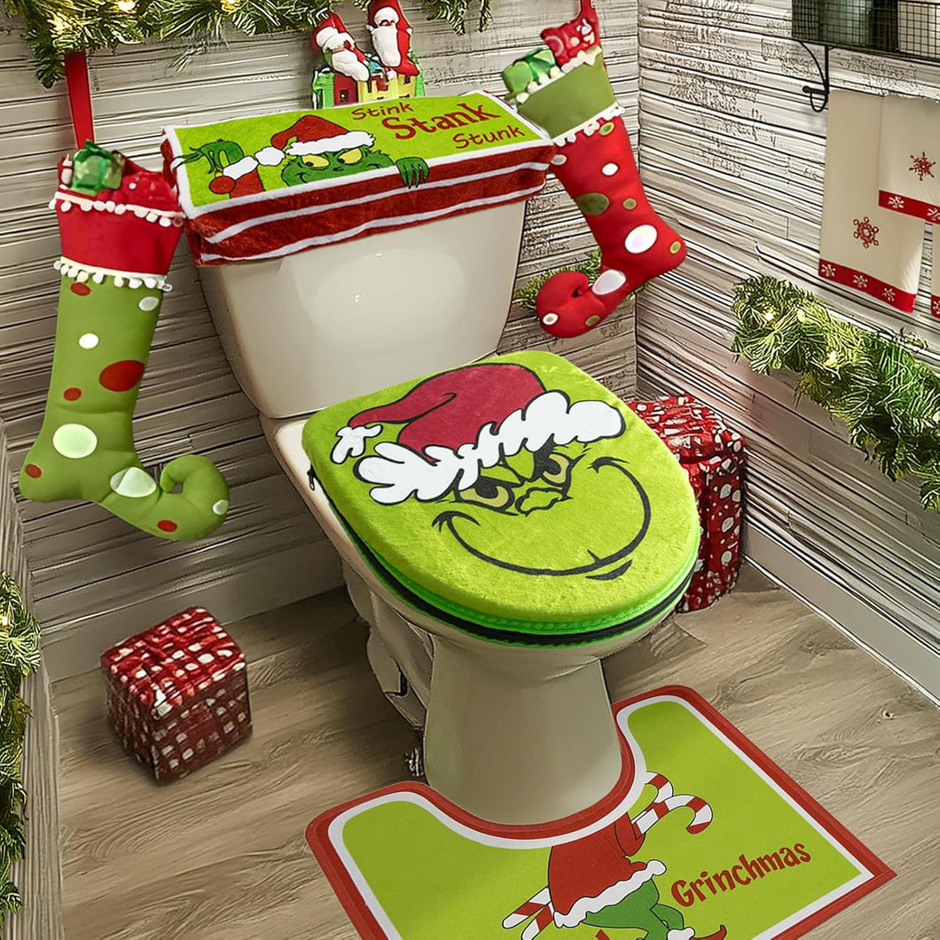 Decoraciones navideñas – Juegos de baño – Decoración navideña para asiento de inodoro y alfombra para interior del hogar, juego de 4 (rojo - verde) A19