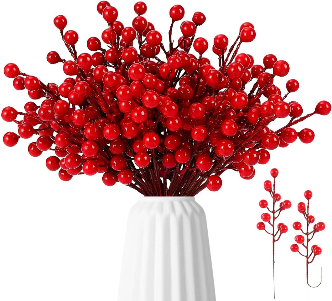Paquete de 35 tallos artificiales de bayas rojas de 8 pulgadas, bayas de acebo rojas para decoración de árbol de Navidad,  A19