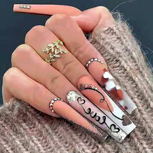 Cargar imagen en el visor de la galería, Uñas postizas largas a presión para el día de San Valentín, uñas postizas cuadradas con corazón y diamantes de imitación, diseño exquisito, a22 uñas artificiales para el día de San Valentín,
