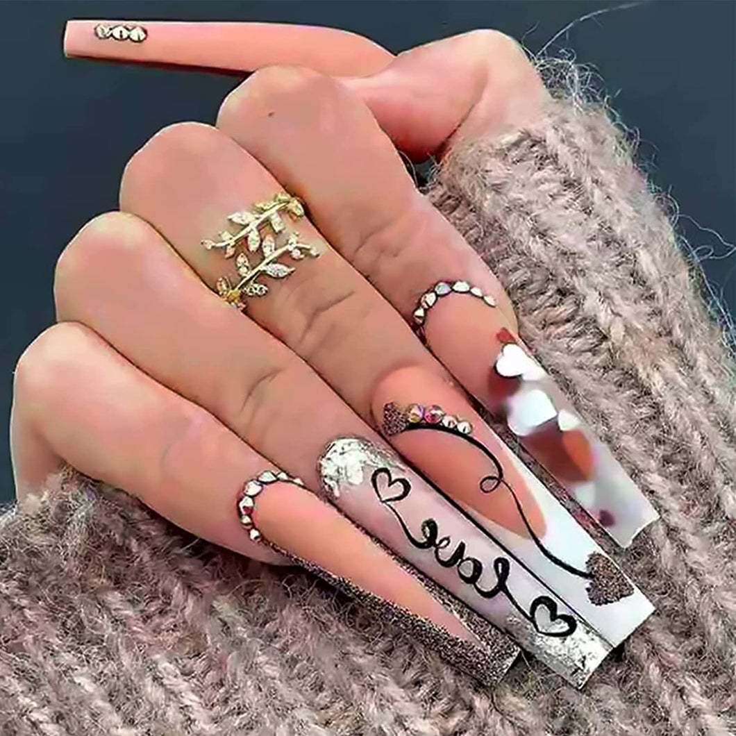 Uñas postizas largas a presión para el día de San Valentín, uñas postizas cuadradas con corazón y diamantes de imitación, diseño exquisito, a22 uñas artificiales para el día de San Valentín,