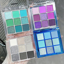 Cargar imagen en el visor de la galería, Paleta de sombras de ojos azul zafiro, azul escarchado, azul pavo real, azul marino, azul real, verde, gótico, crema con purpurina altamente pigmentada a22 , sombra de ojos azul mezclable impermeable
