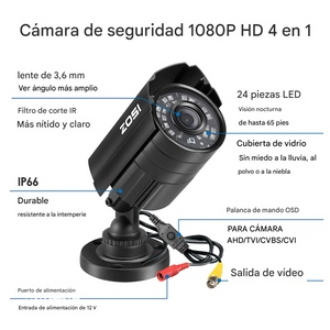 Cámara de seguridad ZOSI 4 en 1 con cable para el hogar y la oficina, sistema CCTV, cámara tipo bala para exteriores con visión nocturna, HD 1080P.