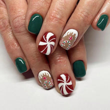 Cargar imagen en el visor de la galería, Uñas postizas a presión de Navidad, uñas postizas cuadradas cortas con diseños de bastón de caramelo, uñas postizas verdes navideñas, uñas postizas brillantes con pegamento en uñas a22  de cobertura
