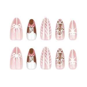 Uñas postizas a presión de Navidad, uñas postizas cortas de almendra, muñeco de nieve, uñas postizas brillantes con diseño de caramelo, a22 uñas con pegamento nude, uñas acrílicas artificiales con lazo,