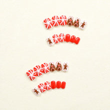 Cargar imagen en el visor de la galería, Uñas postizas a presión de Navidad, uñas postizas cuadradas cortas con diseño de hombre de jengibre, bastón de caramelo, uñas postizas de Navidad,a22  uñas postizas brillantes de cobertura completa, uñas

