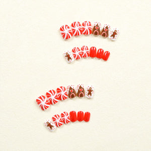 Uñas postizas a presión de Navidad, uñas postizas cuadradas cortas con diseño de hombre de jengibre, bastón de caramelo, uñas postizas de Navidad,a22  uñas postizas brillantes de cobertura completa, uñas