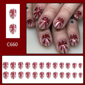 24 uñas postizas de Navidad a presión, uñas postizas cortas de almendra con lazos, cobertura completa, uñas postizas rojas, a22 uñas postizas acrílicas artificiales para vacaciones, kit de decoración