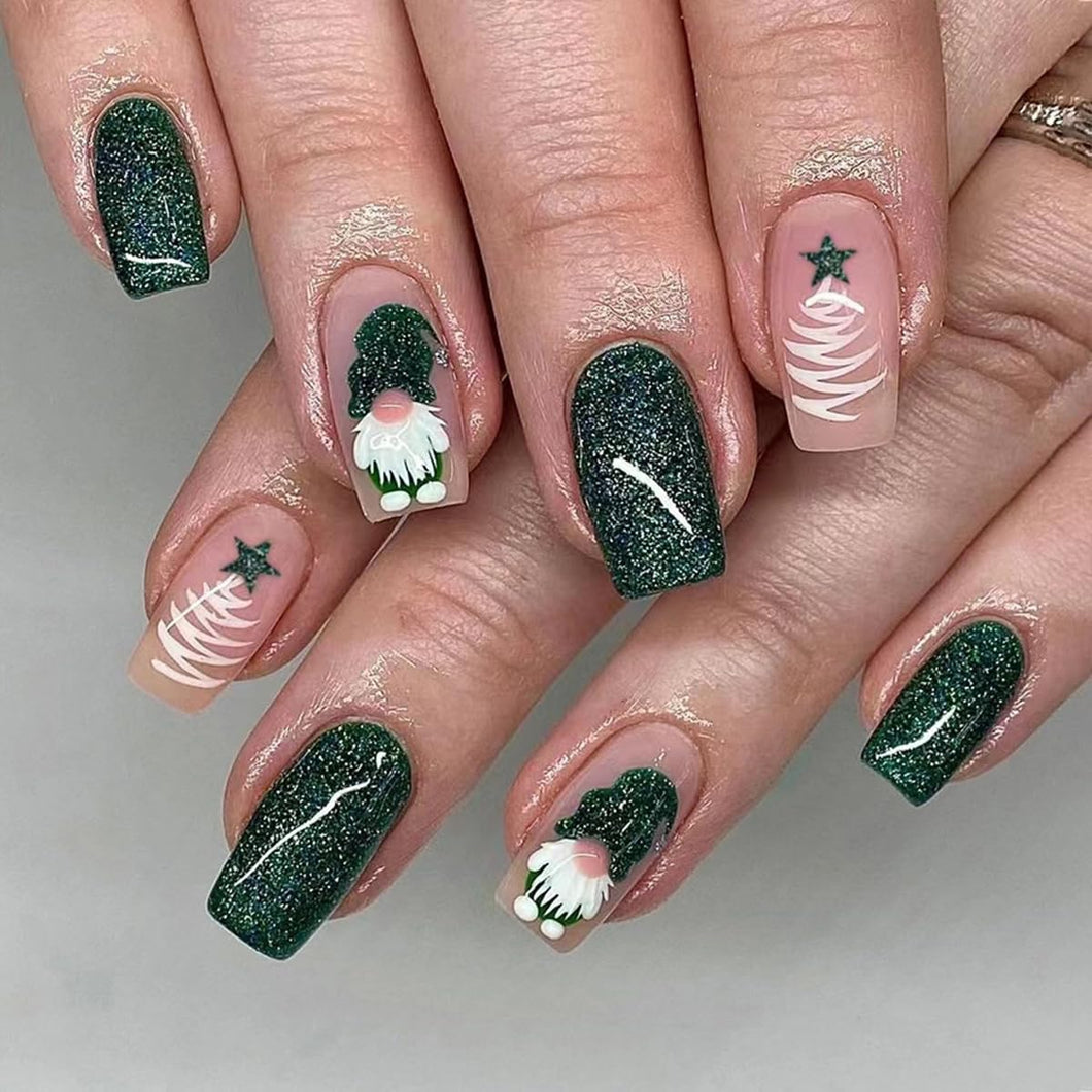 Uñas postizas a presión a presión con diseño de árbol de Navidad de Papá Noel, uñas postizas cuadradas cortas con purpurina verde con diseños de árbol de Navidada a22, uñas de Navidad