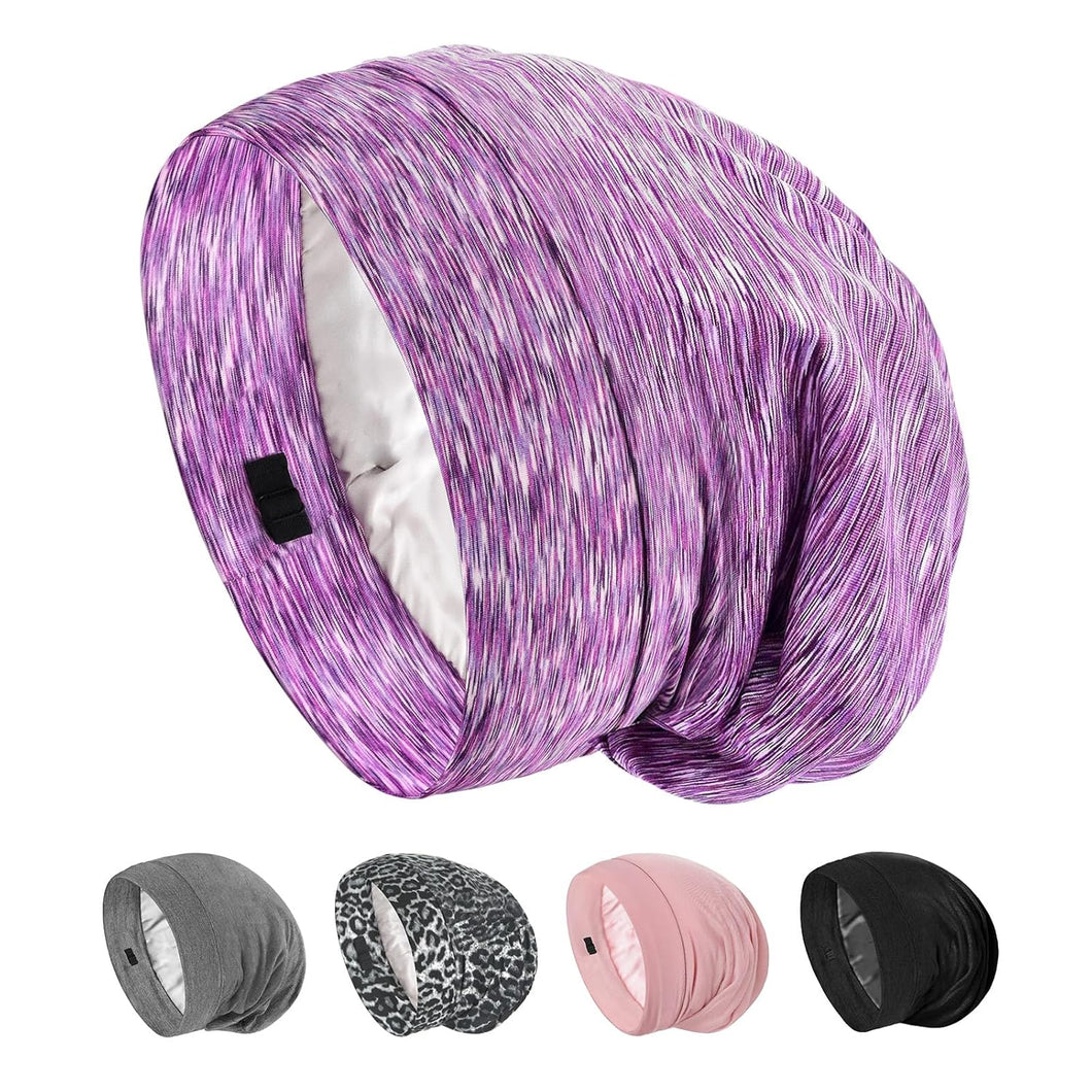 Gorro de seda real para dormir, para hombres y mujeres, rizado, ajustable, para cabello natural, antiencrespamiento, permanece en doble capa, 1 unidad (morado) A19