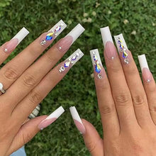 Cargar imagen en el visor de la galería, Uñas postizas largas cuadradas a presión, color blanco, francesas, uñas acrílicas aurora, 24 unidades, con pegamento, coqueta A22 , manicura Squoval con diseño
