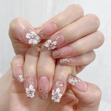 Cargar imagen en el visor de la galería, Uñas postizas largas a presión con forma de ataúd, uñas postizas con pegamento rosa, uñas acrílicas con diseño de primavera con purpurina, 24 unidades, arte de a22  manicura de bailarina, uñas
