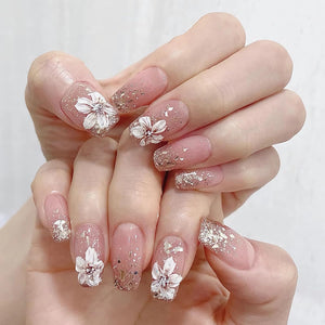 Uñas postizas largas a presión con forma de ataúd, uñas postizas con pegamento rosa, uñas acrílicas con diseño de primavera con purpurina, 24 unidades, arte de a22  manicura de bailarina, uñas